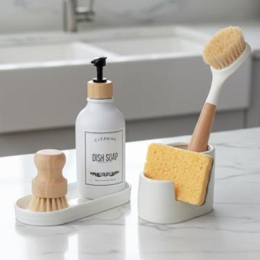 Imagem de BekPooQ Suporte de escova de esponja e bandeja de saboneteira de cozinha, 1 conjunto, branco