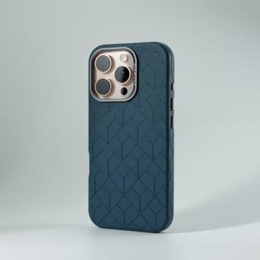 Imagem de YOGISU Capa de couro sintético com elementos geométricos para iPhone 16 Pro Max, carregamento sem fio, lente de liga, capa rígida (para iPhone 16 Pro Max/azul)