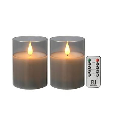 Imagem de Guluto Velas LED sem chamas operadas por bateria de vidro, conjunto de 2, D 7,6 cm x A 12,7 cm, velas cintilantes de pilar de cera real com controle remoto e temporizador, vela eletrônica com pavio 3D