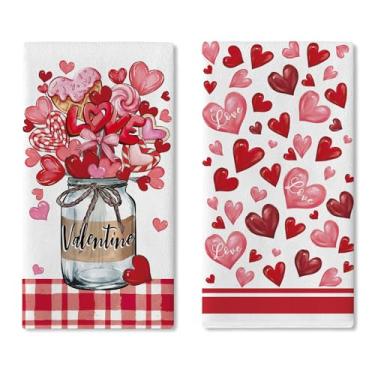 Imagem de Croar Conjunto de 2 panos de prato de cozinha coração amor dia dos namorados, pote de pedreiro de sobremesa vermelho rosa toalha de mão para assar pano, xadrez búfalo, aniversário, casamento, banheiro