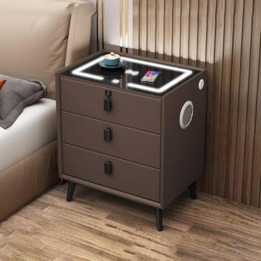 Imagem de Mesa De Cabeceira Inteligente Com Luzes Led De 3 Cores E Estação De Carregamento Sem Fio, Mesa Lateral Moderna Com 3 Gavetas, Portas Usb, Tomadas E Alto-falantes Inteligentes, Grey, 2 drawers