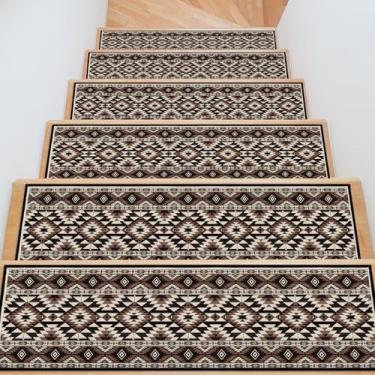 Imagem de InIsaJace Passos de escada para degraus de madeira, 20 x 76 cm, vintage, asteca, antiderrapante, interior, 15 tapetes laváveis com suporte de silicone para crianças, idosos e cães
