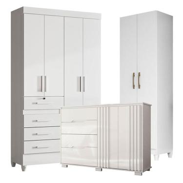 Imagem de Guarda Roupa Infantil Sobral Com Cômoda Texas E Armário Multiuso New íris Branco Brilho - Moval