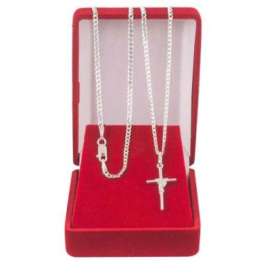 Imagem de Cordão Corrente Masculina Grumet 60cm Pingente Cruz Crucifixo De Prata