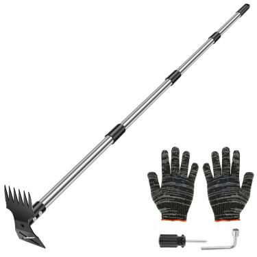 Imagem de Ferramenta extrator de ervas daninhas 2 em 1 com cabo longo comprimento ajustável 150 cm Ferramentas de jardinagem multifuncionais para quintal e jardim (1 conjunto)