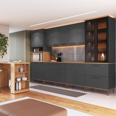 Imagem de Cozinha Modulada Completa 8 Peças Com Cristaleira 16 Portas 2 Gavetas 2 Gavetões 1 Bancada Isabelle Freijó - Grafite