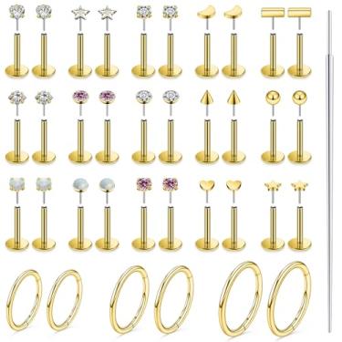 Imagem de Lsnevsie Brincos de aço inoxidável cirúrgico 20G 14K preenchidos com ouro 14 K com opala de zircônia cúbica, argolas, tragus, hélice, concha, cartilagem, brincos, argolas, piercing para mulheres e