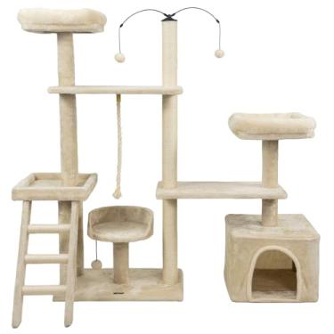 Imagem de Arranhador de gato grande, luxuoso, ajustável, multifuncional com casa, camas, poleiros, escada e brinquedo giratório (Bege)