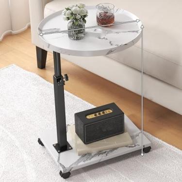 Imagem de Mesa de canto em forma de C de altura ajustável com bandeja giratória de 360° e rodas moderna mesa lateral de sofá para sala de estar e quarto (textura redonda)