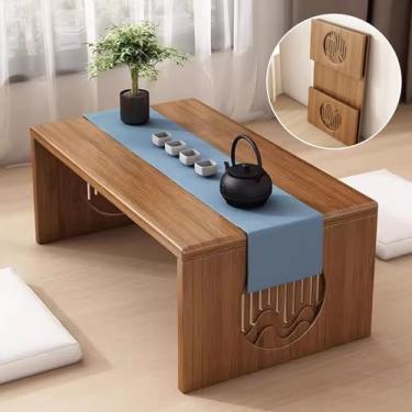 Imagem de HYUIO Mesa de chão japonesa dobrável para meditação e cerimônia de chá, mesa de centro baixa para decoração de sala de estar, sala de jantar, mesa Tatami Puja para sentar no chão e decoração de casa