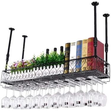 Imagem de Rack de vinho de ferro suspenso no teto, suporte de garrafa de vinho de altura ajustável, rack de vidro de champanhe de cabeça para baixo, decoração de bar para casa (cor: preto, tamanho: 60 × 25 cm