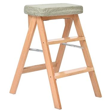 Imagem de BSNANCA Banqueta de bar dobrável banquinho multifuncional banquinho alto portátil criativo almofada de tecido de linho (cor marrom e original de madeira) Bancos de bar Altura do balcão (Cor: Log C)