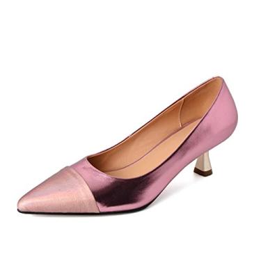 Imagem de TinaCus Sapato feminino de couro genuíno feito à mão com salto médio gatinho elegante, rosa, 35