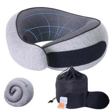 Imagem de Travesseiro de viagem de pescoço de espuma viscoelástica com máscara para os olhos, travesseiros de viagem para aviões, travesseiro de pescoço macio para avião, carro, casa, trabalho, cinza escuro