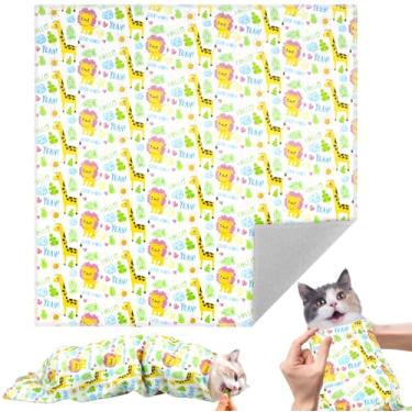 Imagem de Galaton Envoltório de cuidados para gatos de 70 cm para cortar unhas, tecido autoaderente com padrão de leão para gatos, ferramenta multifuncional antiarranhões para escovar os dentes, limpeza de