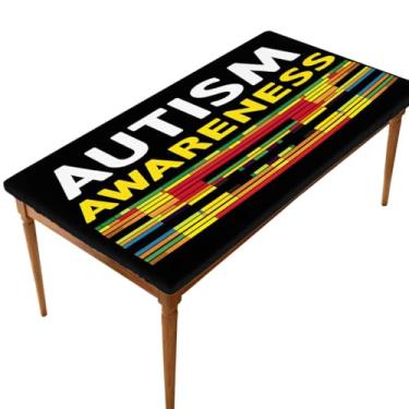 Imagem de hongjinglin Toalha de mesa retangular de 1,8 m com elástico com palavras de autismo, capa de mesa retangular, impermeável, lavável, protetor de mesa para piquenique, jantar, cozinha, decoração ao ar