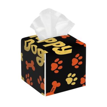 Imagem de Porta-lenços de couro quadrado à prova d'água ossos animal pata feliz facial organizador de papel com cinto inferior cubo estojo de lenços para mesa, banheiro, escritório, mesa, carro, decorativo