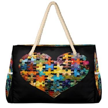 Imagem de hongjinglin Bolsa de praia grande, leve, dobrável, amor, autismo, colorida, bolsa de ombro para piscina, Cor 1, Large