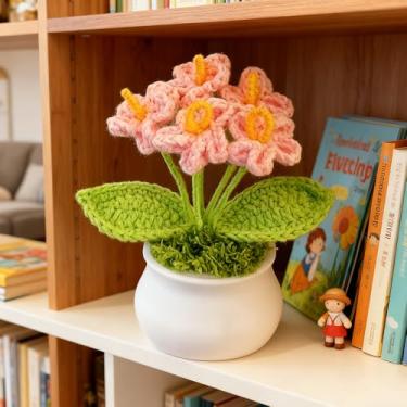 Imagem de Vaso de flores de crochê, vaso de flores de crochê feito à mão, flores pequenas em vasos, ideal para mesas de casa, varanda, quarto e presente (flor rosa)