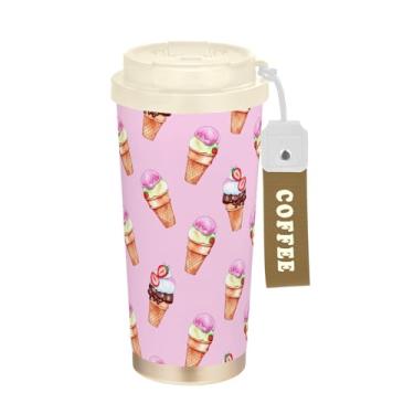 Imagem de SEHANY Caneca de viagem de sorvete fofa de 500 ml Copos de café reutilizáveis revestidos de cerâmica com tampa à prova de vazamento, parede dupla, isolamento a vácuo, copo de café de aço inoxidável