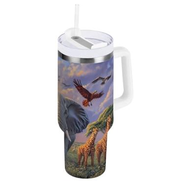 Imagem de Blueangle Copo isolado de 850 g com alça e tampa de canudo - Caneca de viagem de aço inoxidável à prova de vazamento, garrafa de água de animais selvagens a vácuo de parede dupla (840)