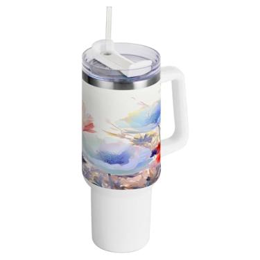 Imagem de xigua Copo vintage de flores silvestres de 1,134 g com alça e canudo, aço inoxidável duplo isolado a vácuo garrafa de água suporte de copo de garrafa de água amigável à prova de vazamento copo de