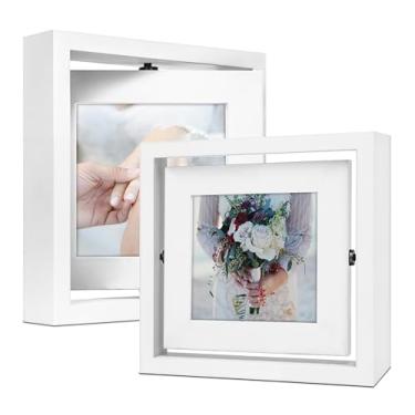 Imagem de Gdfmsc Moldura giratória de 10 x 10 cm, pacote com 2, tela de visualização frente e verso, vidro real, de madeira de pinho, moldura de mesa vertical ou horizontal, branca