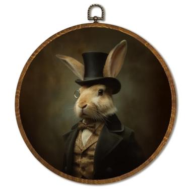 Imagem de Decoração de arte de parede redonda vintage 25 x 25 cm, arte de parede de urso marrom emoldurado, decoração de arte de animal com retrato vitoriano para casa de fazenda, quarto, sala de estar (coelho)