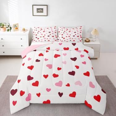 Imagem de Erosebridal Jogo de cama com estampa de coração fofo para meninas | Conjunto de cama geométrico de desenho animado para quarto de dia dos namorados, edredom macio, 2 peças com 1 fronha