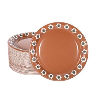 Imagem de 100 peças de pratos de papel mexicanos Platos de Barro, decoração de festa Cielito Lindo, pratos marrons descartáveis de terracota para decoração de festa mexicana de aniversário, casamento (23 cm)