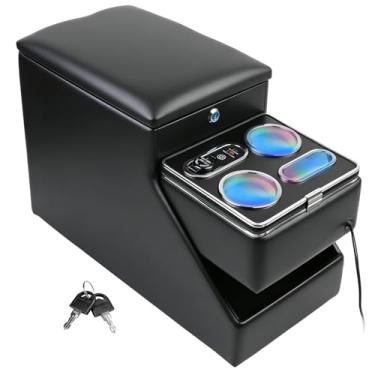 Imagem de Organizador de console central para minivans, SUVs e assentos de van do meio – Caixa de armazenamento bloqueável montada no chão com dois suportes de copo e luz ambiente de 7 cores, ideal para