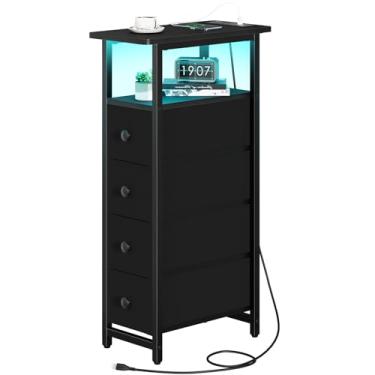 Imagem de Yoobure Cômoda estreita para quarto, mesa de cabeceira fina de LED com estação de carregamento, cômoda pequena, mesa lateral estreita, cômoda de tecido, armário alto e fino, suporte noturno para