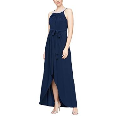 Imagem de S.L. Fashions Vestido feminino drapeado com decote em joia na frente, Cintura com laço azul-marinho, 40