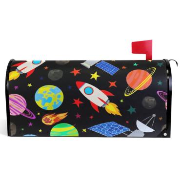 Imagem de TSENQUE Capas de caixa de correio magnéticas sazonais fofas foguetes de vinil preto caixa de correio envoltório verão fazenda decoração de caixa de correio exterior tamanho padrão 52,6 x 45,8 cm