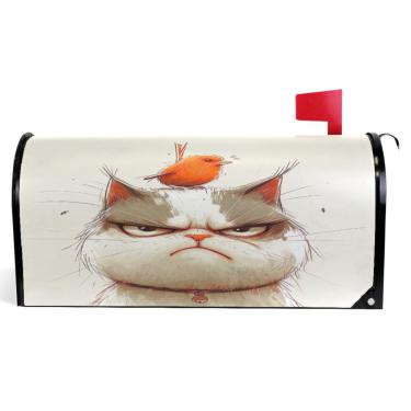 Imagem de TSENQUE Capas de caixa de correio magnéticas decorativas fofas gato rabugento desenho animado vinil caixa de correio caixa de correio moderna decoração de jardim tamanho padrão 52,6 x 45,8 cm