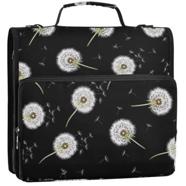 Imagem de Organizador de fichário com zíper branco, flores de dente-de-leão, preto, 3 fichários de 3 anéis, bolsa escolar com alça de ombro, portfólio e estojo para pasta de anel, 34,5 x 31,5 x 9 cm