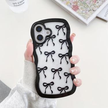 Imagem de QLTYPRI Capa fofa com laço para iPhone 16 Plus, estampa de laço de fita transparente, borda ondulada, estética, capa protetora fina à prova de choque para mulheres e meninas - preta