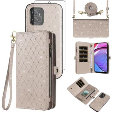 Imagem de Capa de celular para Motorola Moto G Power 5G 2023 com zíper carteira destacável com protetor de tela de vidro temperado, alça transversal com glitter, compartimento para cartão GPower G5 mulheres