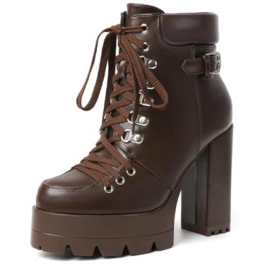 Imagem de Susanny Botas de salto alto para mulheres, botas de salto plataforma femininas sexy bico redondo com cadarço e salto alto cano médio, Marrom chocolate, 38