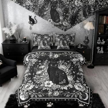 Imagem de Erosebridal Jogo de cama de casal gótico de 7 peças | Conjunto de cama de casal de gato preto, vintage, floral, galáxia, lua, flores, gatinho, decoração retrô gótica