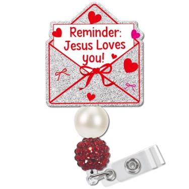 Imagem de Obookey Carretel de crachá de dia dos namorados, envelope de coração vermelho cristão, lembrete de crachá de identificação com glitter, presente de dia dos namorados com clipe retrátil para enfermeira