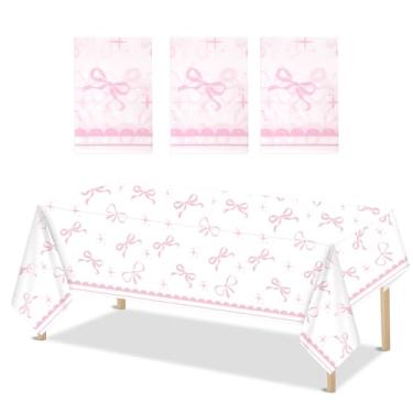 Imagem de 3 peças de toalha de mesa com laço coquete, capas de mesa com tema de laço à prova d'água, decorações de festa com laço de aniversário para mulheres, lembrancinha de despedida de solteira (fundo