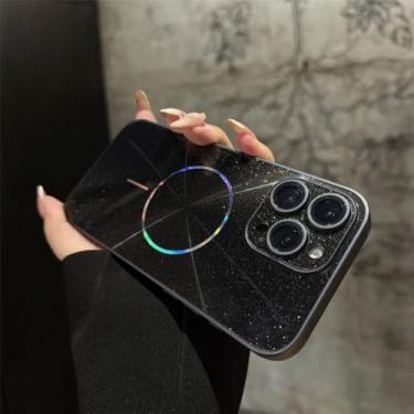 Imagem de Capa com textura brilhante para iPhone 16, 15, 14, 13, 12, 11 Pro Max, com proteção para lente, preta, para iPhone 12 Pro Max.