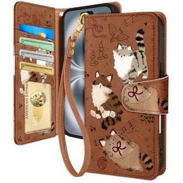 Imagem de Toycamp Capa carteira para iPhone 16 com alça de pulso - Capa de telefone flip de couro com bloqueio RFID 4 porta-cartões para Apple para iPhone 16 Funda estética fofa para mulheres senhoras, gato