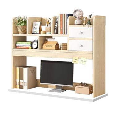 Imagem de Estante de mesa, armário de armazenamento de bancada de madeira com gavetas para mesa de computador, prateleira de exibição multifuncional para dormitório, escritório, casa