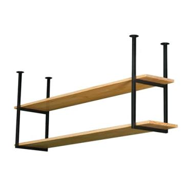 Imagem de Cabide de teto de cozinha de 2 camadas de madeira rústica e prateleira de armazenamento com suporte de garrafa de vinho prateleira de parede de ferro de madeira maciça e metal para organização de