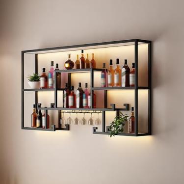 Imagem de Prateleira de exibição de garrafa de licor iluminada por LED - Suporte de vinho de ferro para bar, sala de jantar, café e cozinha - Armazenamento de parede elegante para garrafas de vinho e licor