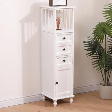 Imagem de Armário de armazenamento de madeira com portas, prateleiras de cozinha estreitas altas com bancada aberta, organizador de banheiro, armário branco, para sala de jantar, banheiro, cozinha (117 x 40 x