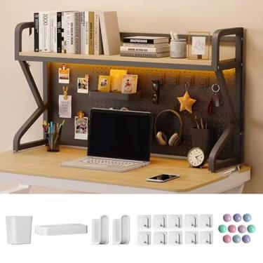 Imagem de Organizador de estante de mesa com painéis perfurados 1 ~ 2 pisos moldura de aço madeira é difícil de deformar, para mesa de computador, dormitório, escritório, casa, três cores (cor: preto + nogueira