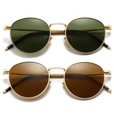 Imagem de SUNGAIT Óculos de sol redondos de metal Ponderable para homens e mulheres, clássicos, vintage, polarizados, Pacote com 2 (polarizado): dourado/verde + dourado/marrom